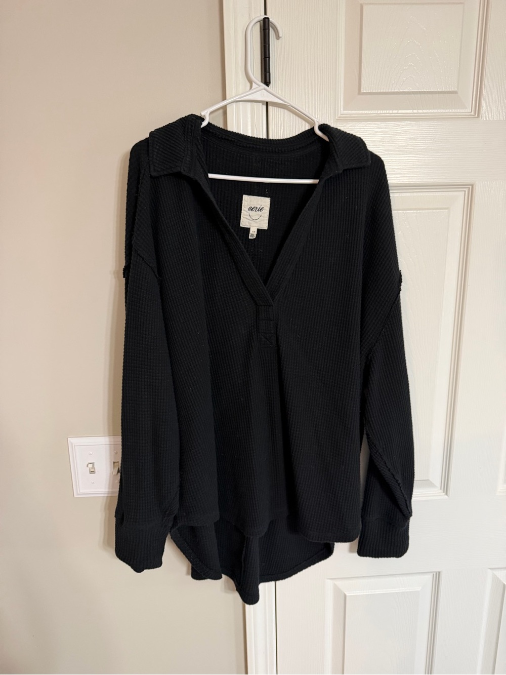 aerie Black Waffle-Knit Collared V-Neck Sweatshirt